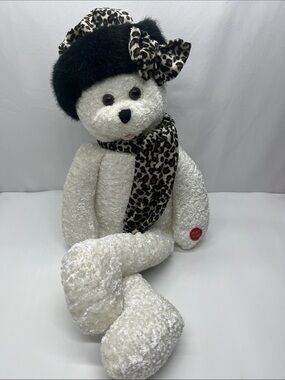 Plush White Chantilly Lane Bear with Leopard Scarf and Hat - Kids Toy
